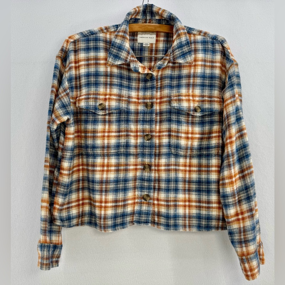 American Eagle Women's Plaid Flannel Cropped Orange Blue Shacket Shirt Sz S